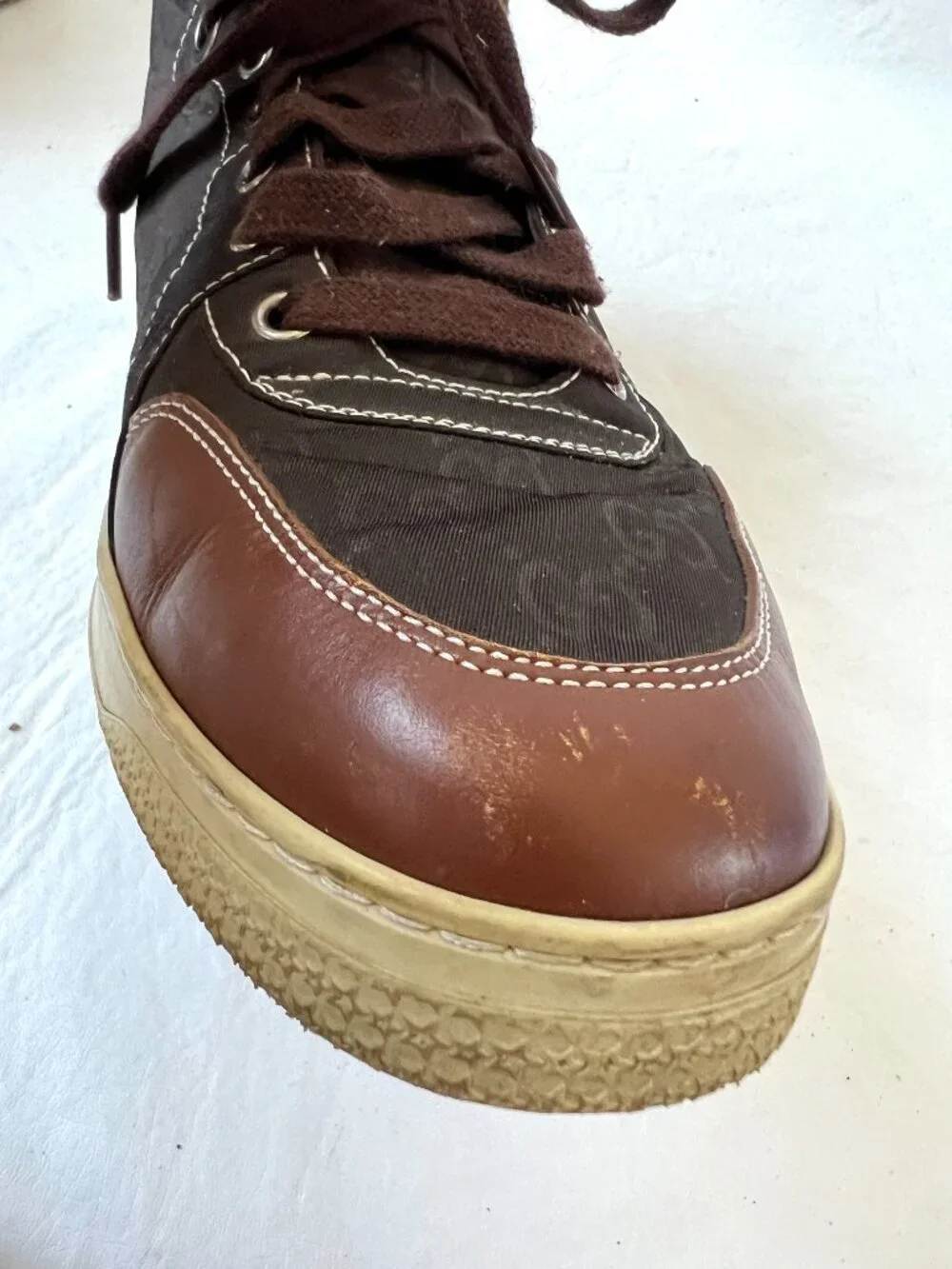 Gucci sneakers GG nylon brown leather 8.5 US 9 mens lace up high top shoes
